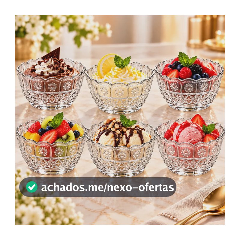 Jogo De Sobremesa Tigela Bowl 6 Peças Em Vidro Sorvete Doces Transparente