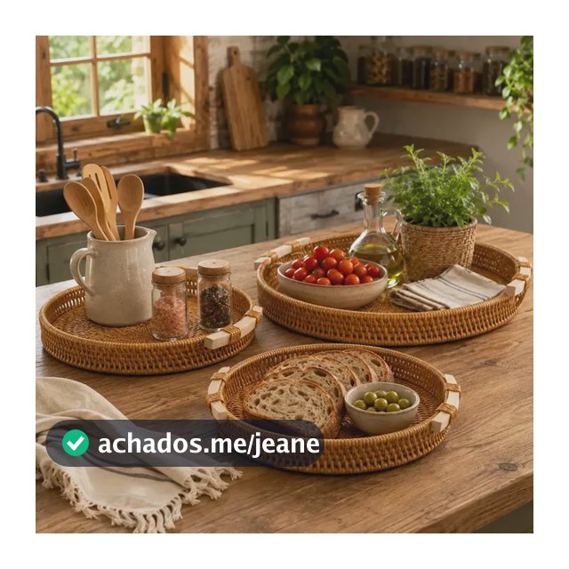 Kit 3 Bandejas Redondas de Palha com Alça Madeira para Servir Café Frutas Decoração