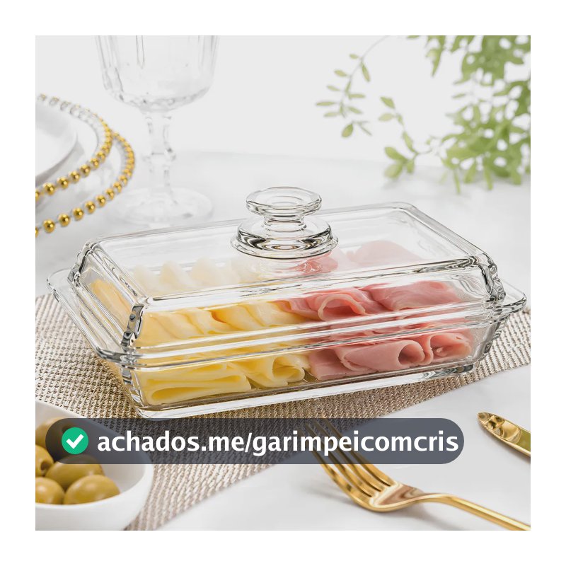 Porta Frios Vidro C/ Tampa Queijo Presunto Luxo Divisória Cristal Elegante Mesa Posta Marca: MultiOn