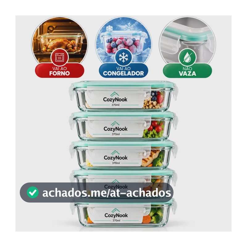 Kit Com 5 Potes De Vidro Borossilicato Para Marmita Tampa Hermética 370ml Livre de BPA - Cozynook
