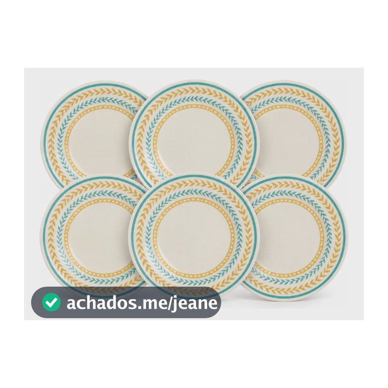 Jogo De 6 Pratos Rasos Em Ceramica Louros Oxford 24cm Verde Agua Amarelo E Off Louros