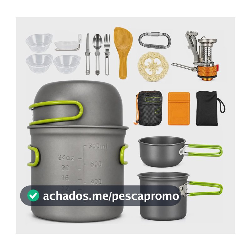 Kit Panelas Camping Pesca Cozinha Cooking 16pc Com Fogareiro Cinza-escuro