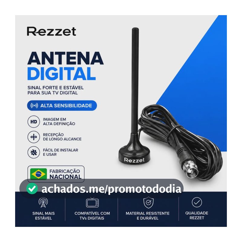 Antena Sinal Digital 4k Smart Tv Interna Externa Led Lcd Amplificador Hdtv Uhf Com Cabo Longo E Base Magnética Rezzet