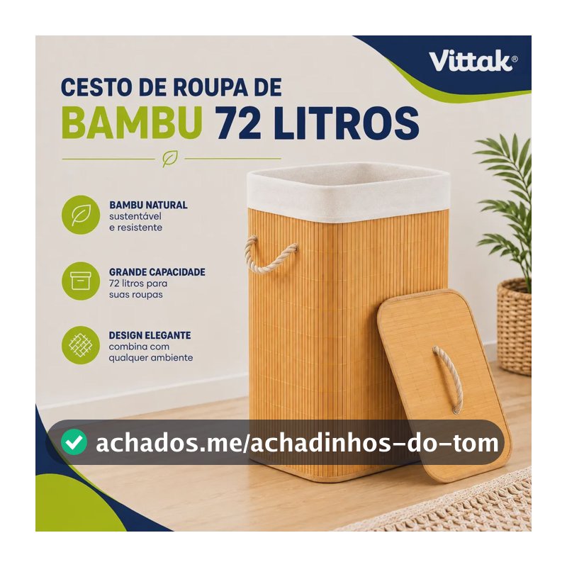 Vittak Cesto De Roupa Bambu 72 Litros Liso Dobrável Retangular Com Tampa E Forro