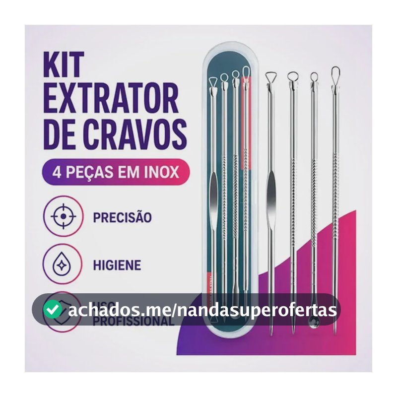 Cureta de Metal BMED para Acne Aço Inoxidável Kit 4 Extrator Espinha Cravos