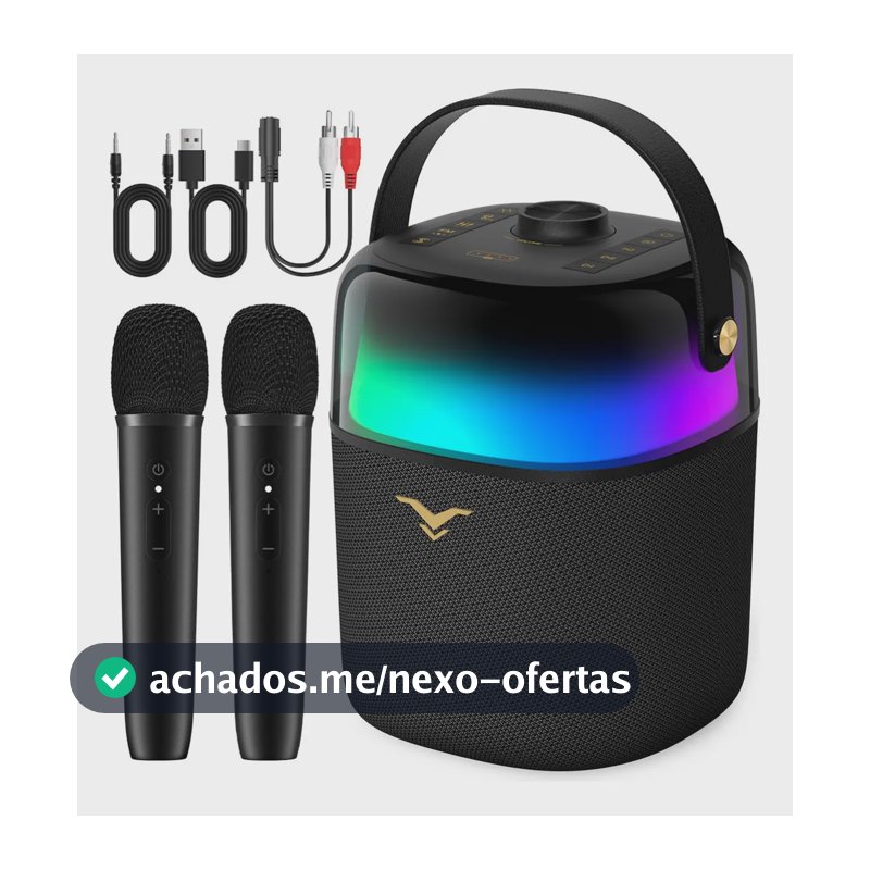 Caixa de Som Bluetooth Portátil PartyFree 80W de Potência com Karaokê, 2 Microfones Sem Fio, LED, Bateria 12h, Powerbank e IPX5 Preto StageSound