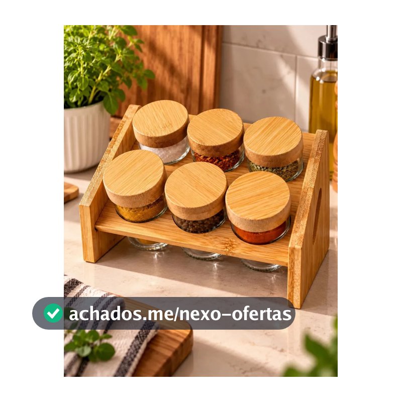 Conjunto Kit Porta Temperos 6 Potes Vidro com Tampa de Bambu e Dosador, Suporte Organizador de Temperos para Cozinha Porta Condimentos Potes para Sal, Pimenta, Orégano e Especiarias