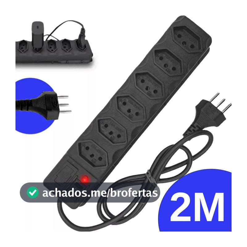 Régua Extensão Elétrica 6 Tomadas Filtro Linha 10a Cabo 2 Metros