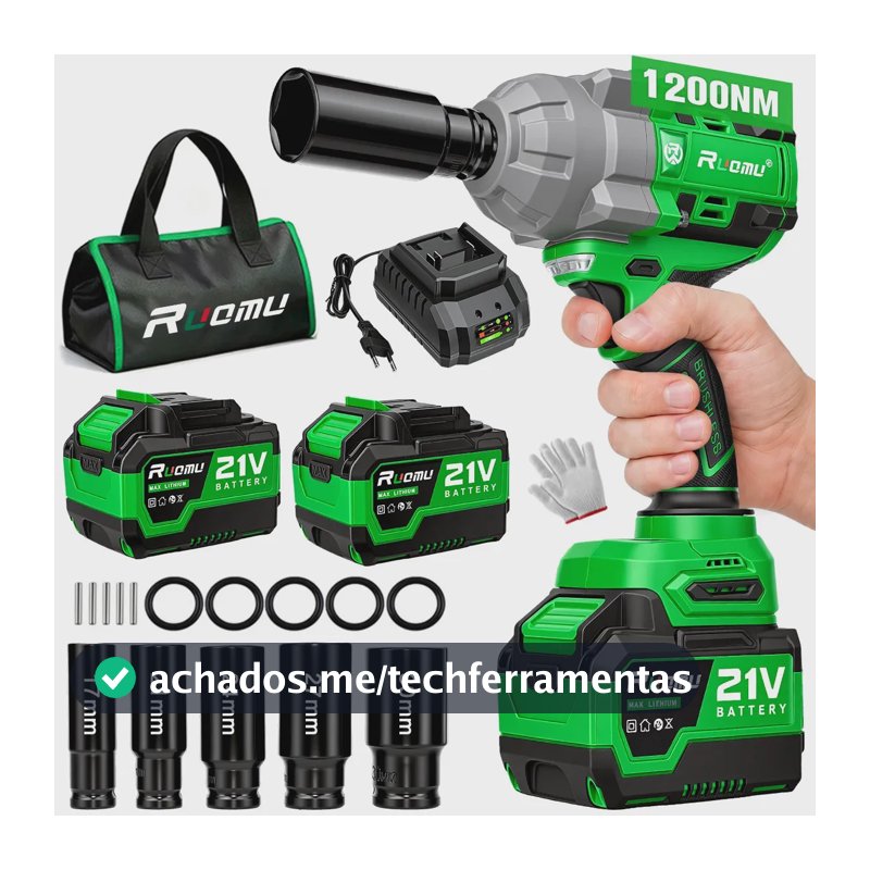 Chave De Impacto Elétrica Potente 1200N.m Brushless 2 Baterias