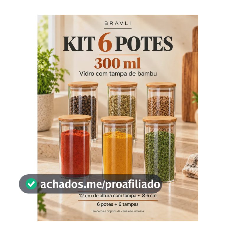 Kit 6 Pote Tampa De Bambu 300ml Hermético Vidro Borossilicato Porta Temperos Mantimentos Alimentos Redondo Cor Transparente Bravli