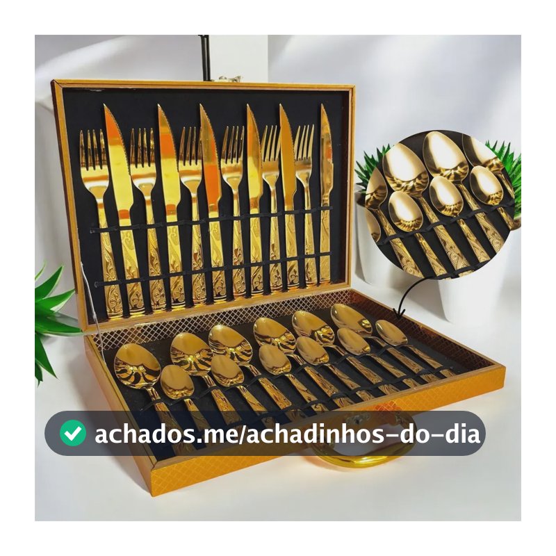 Faqueiro Dourado Luxo Jogo Talheres Inox 24pçs + Maleta Dourado