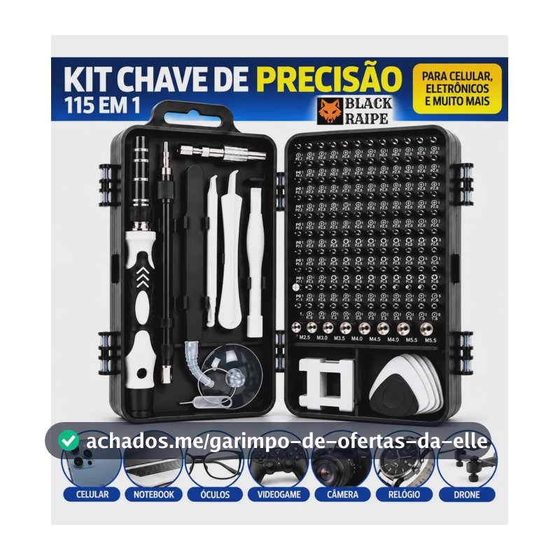 Kit Chaves De Precisão 115 em 1 Black Raipe, para Celular e Eletrônicos