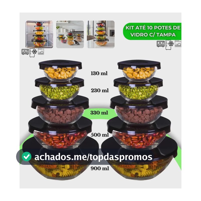 Kit 10 Potes De Vidro Hermético Com Tampa Tigela Redondo Freezer Micro-ondas Marmita Ideal para Alimentos e Refeições VYROX