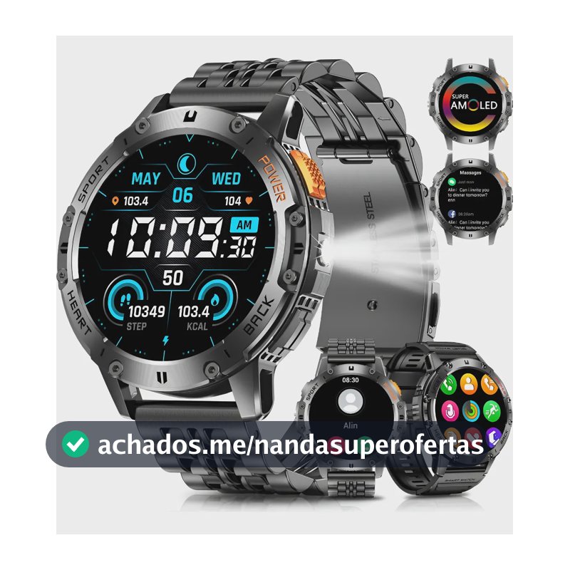 Ip68 Smartwatch Militar Relógio Inteligente Homem Lanterna Preto
