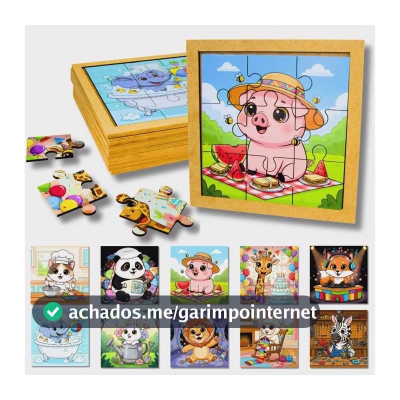 Kit 10 Quebra Cabeças Animais Brinquedo Infantil Colorido Educativo Madeira Mdf