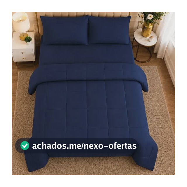 Kit Edredom Casal + Jogo Lençol 3 Peças Micropercal 400 Fios Azul-marinho Liso