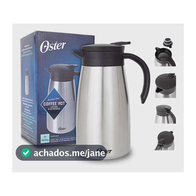 BULE TÉRMICO 1000 ML CASSELBECK OSTER - CORPO EM AÇO INOXIDÁVEL, ALÇA EM BAQUELITE ANTITÉRMICO, BICO DOSADOR COM GATILHO DE LIBERAÇÃO