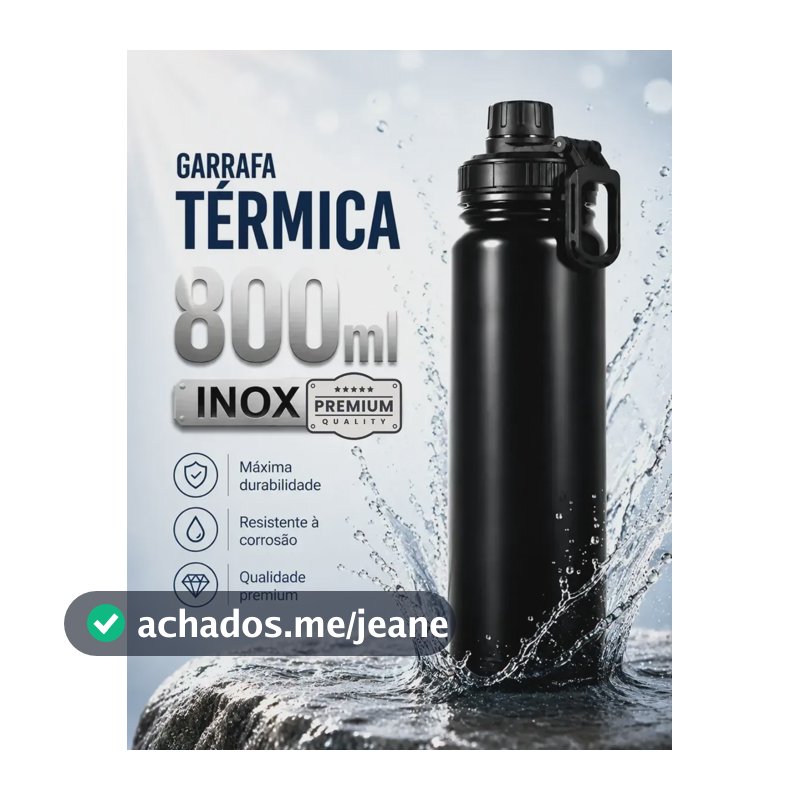 Garrafa Térmica 800ml Água Azarte Inox Academia Com Alça Preta