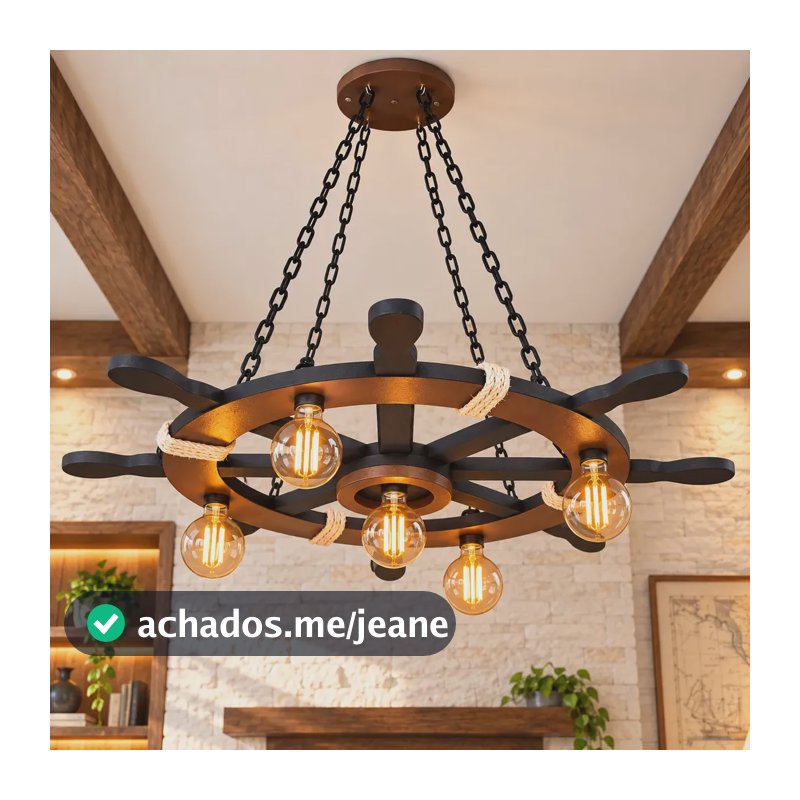 Luminária Roda Rustico Lustre Pendente Madeira Timão Leme Gigante 90cm 5 Bocais