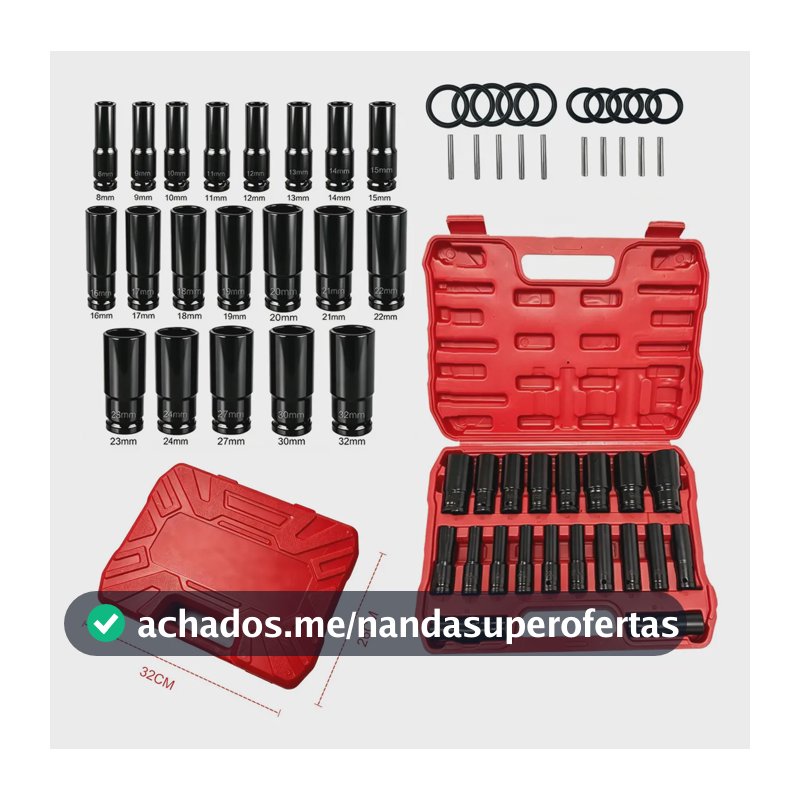 Kit de 20 Soquetes de Impacto Longos 1/2" 8 até 32 mm para Parafusos Sextavados e Porcas, com Maleta Organizadora, Pinos e Anéis de Retenção para Reparos Automotivos, Oficinas e Manutenção de Máquinas