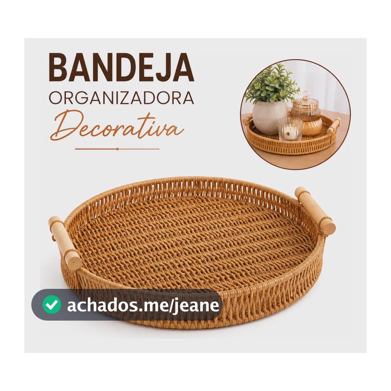 Bandeja Trançada Redonda Alça Cesto Fruteira Café Decoração Marrom