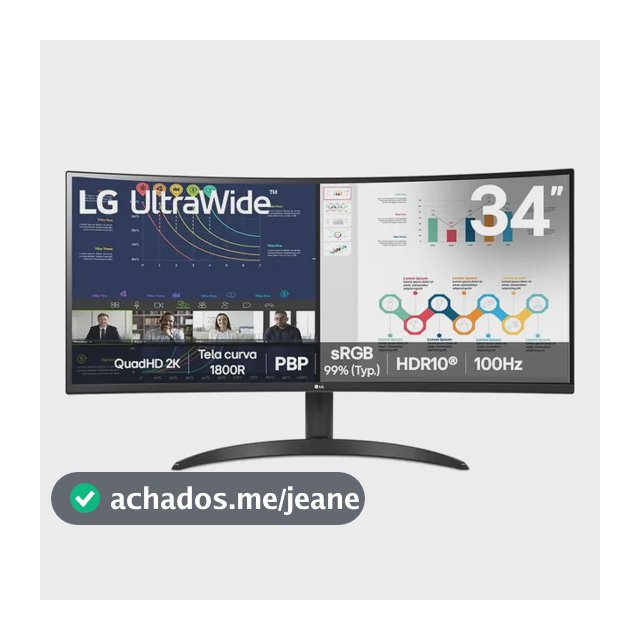 Monitor LG UltraWide Curvo, QuadHD 2K de 34”, PBP, sRGB 99%, HDR10, 100Hz, Preto - 34WR50QK-B