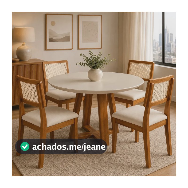 Sala de Jantar Mesa Redonda Valentina Off White Nature com 4 Cadeiras Aris Cinamomo Areia Estofadas Sala Cozinha Moderna