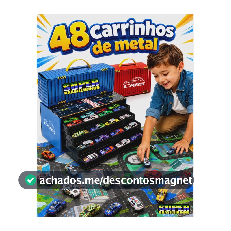 Maleta 48 Carrinhos + Tapete Pista 40x60 Estacionamento Brinquedo Infantil Presente Criança - Super Brasileirinho