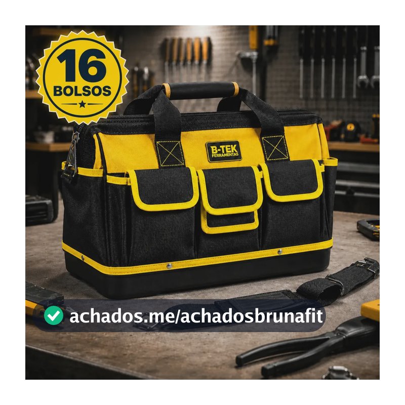 Bolsa Ferramentas Reforçada Grande Lona B-TEK BT-398 Mala 16 Bolsos 15kg Eletricista Encanador Mecânico Mochila Fundo Emborrachado Manutenção Predial Porta Ferramenta Profissional Preto E Amarelo