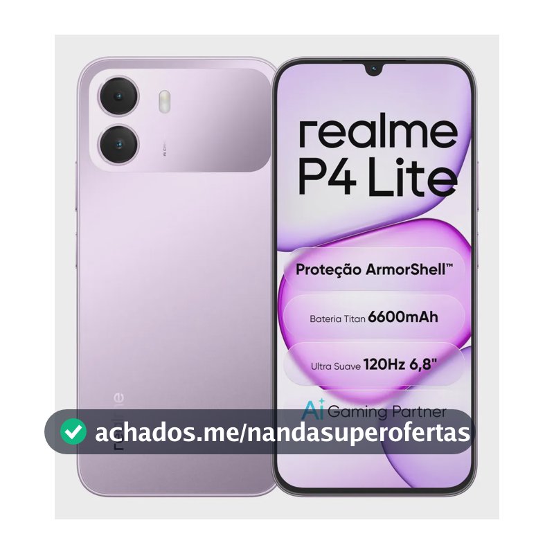 Celular Smartphone realme P4 Lite 128GB 4GB Ram (+6gb ram virtual boost) Dual Sim, Bateria Titan 6600mAh, chipset octa-core, Tela 6,8" 120Hz, Proteção ArmorShell, AI Gaming Partner, Violeta