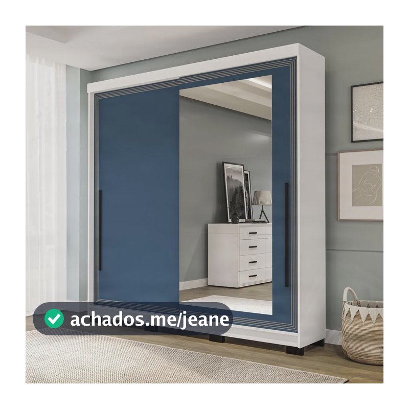 Roupeiro 2 Portas Correr Com Espelho 177 Cm Branco/azul