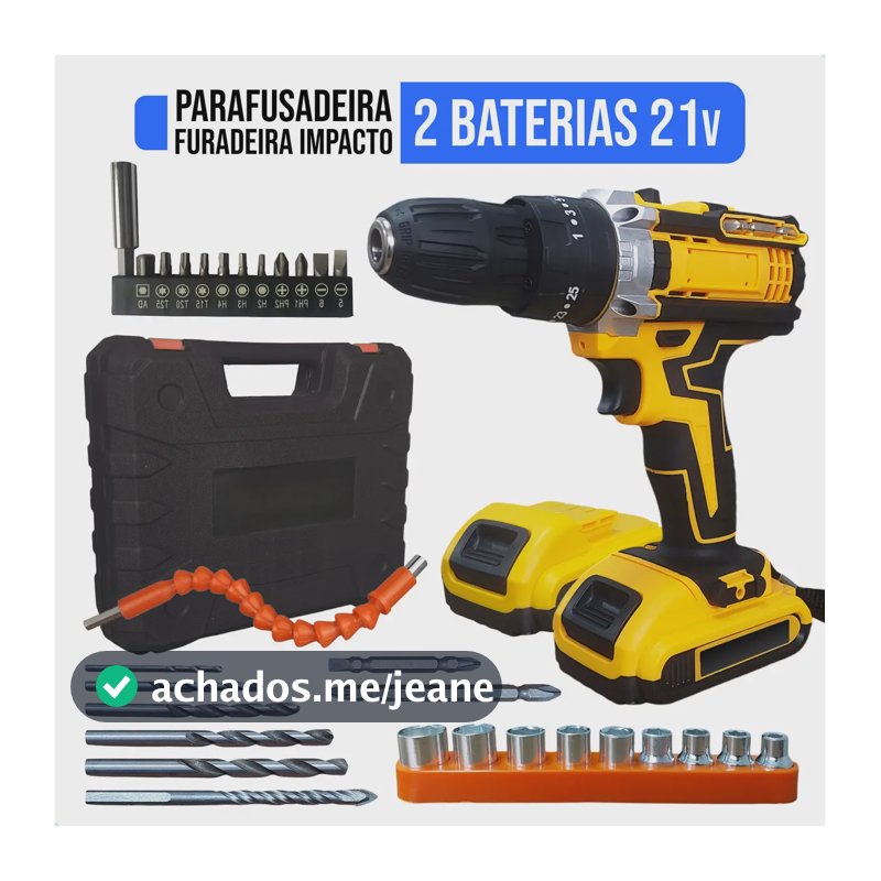 Parafusadeira Furadeira De Impacto 2 Baterias Maleta 30 Peças Carregador Cor Amarela Amarelo 127/220v