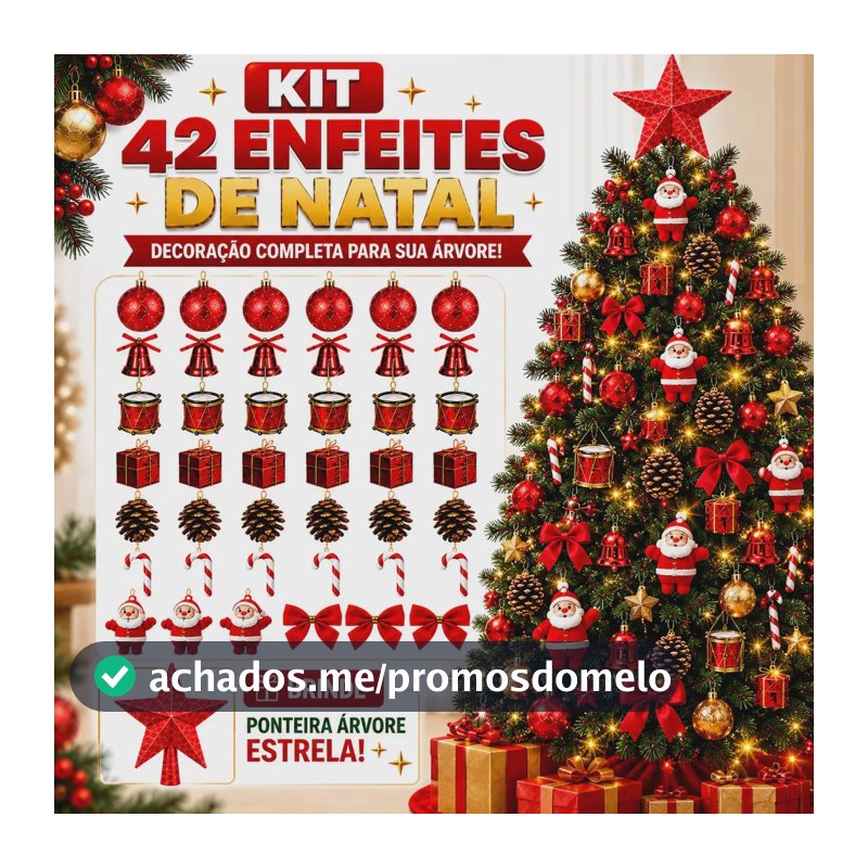 Kit 42 Enfeites Arvore de Natal Completo Decorada Decoração Natalina Acessórios Bolinhas Laços + Ponteira Estrela REVOLUX