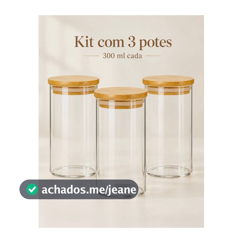 Kit 3 Potes Tampa De Bambu 300ml Hermético Vidro Borossilicato Porta Temperos Mantimentos Alimentos Redondo Transparente Bravli