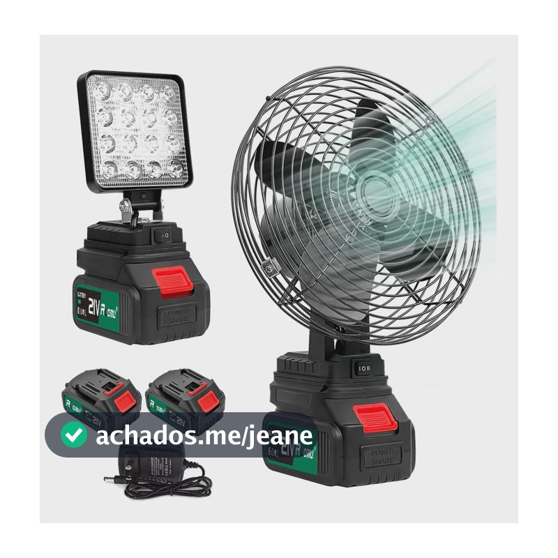 Kit Ventilador Portatil 8'' + Luz Led 4'' 2 Baterias Recarregável Lanterna Refletor Lampada Luz Led