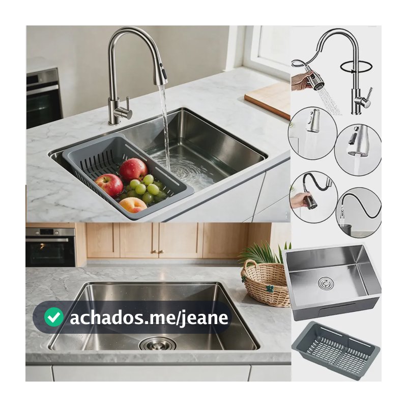 Cuba De Pias Inox 304 45x40cm Com Torneira E Cesto Drenagem Prateado Cuba De Embutir 45x40cm+torneira Extensível+escorredor De Louça Extensível Para Pia+kit Sifão Com Ralo
