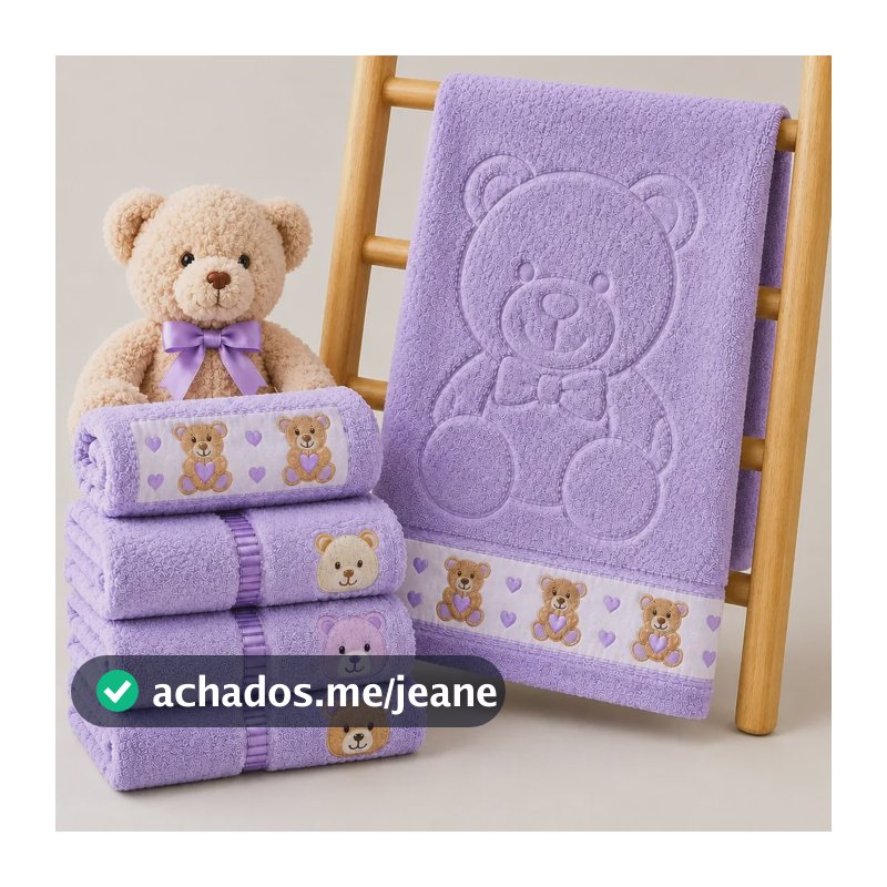 Toalha De Banho Bebê Infantil 100% Algodão Ursinhos Lilás