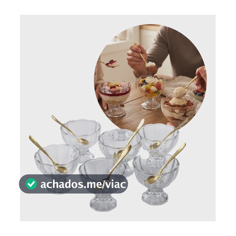 Conjunto De Tigelas Bowl Sobremesa Geneva Cristal Wolff 6 Pçs Taças 125ml + Brinde 6 Colheres Gold Dourada