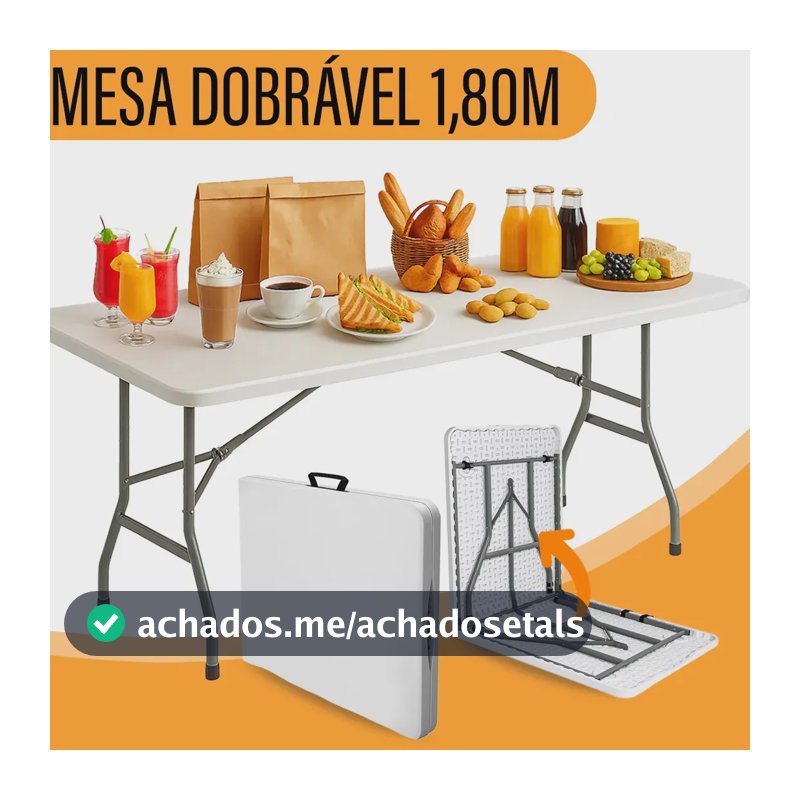 Mesa Dobrável Retangular Yab 1,80 m Branca para Festas e Camping