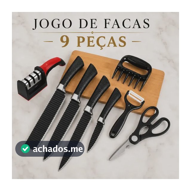 Kit Jogo De Facas Inox Conjunto 9 Peças Cozinha Churrasco Tesoura Descascador Tabua Brinde Aquattro
