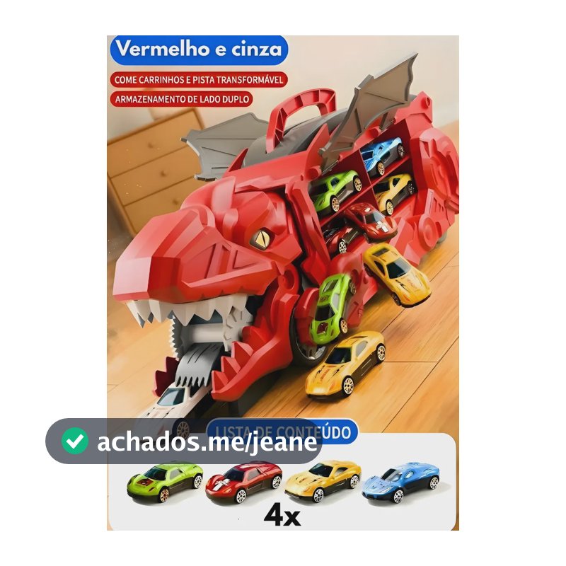 Caminhão Dinossauro Pista Com Carrinhos Maleta Transporte Vermelho