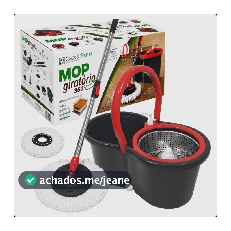 Mop Giratório 13l Cesto Inox Cabo Longo 156cm Ajustável 2 Refis Preto