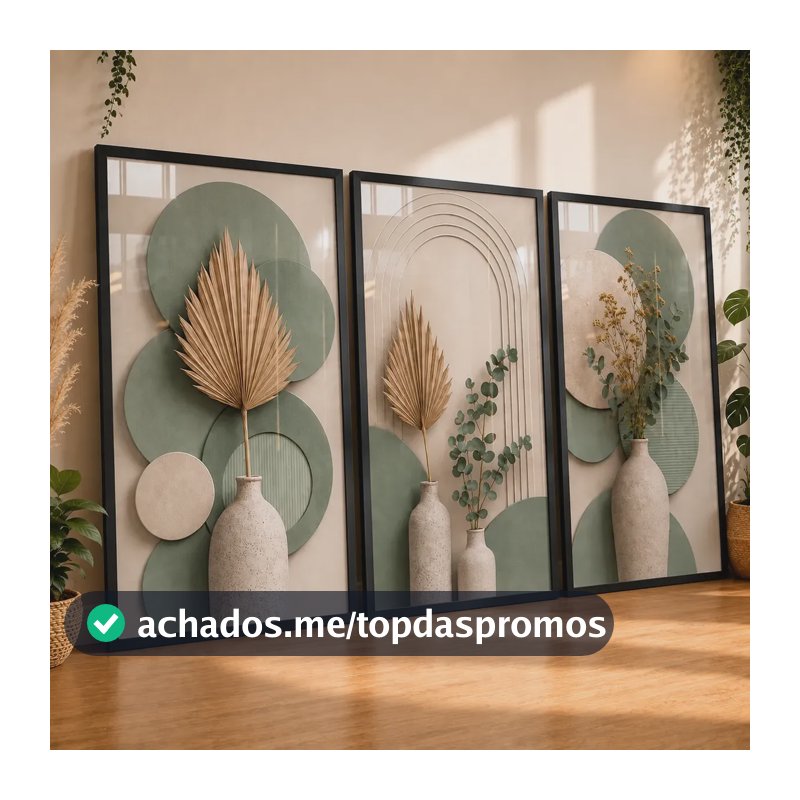 Quadros Decorativos Sala Folha Verde Bege Neutro Boho 122x60 Preto