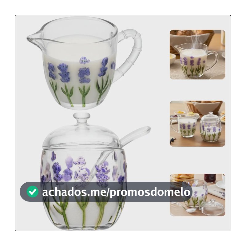 Kit Café Da Manhã 2 Peças De Cristal Florido Mesa Posta Leiteira 240ml E Açucareiro 200ml Com Colher Lavanda Hand Painting Lyor