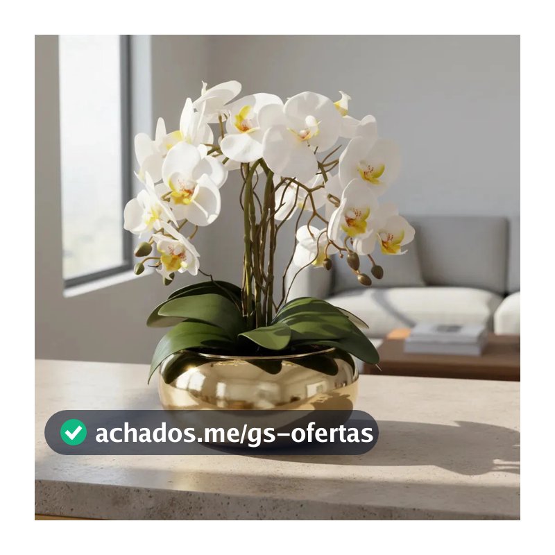 Arranjo Orquídea Branca Artificial em Vaso Dourado Espelhado de Luxo