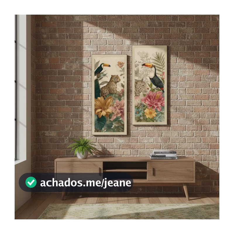 Kit 2 Quadros Banheiro Lavabo Flores Onça Tucano Plantas Bege