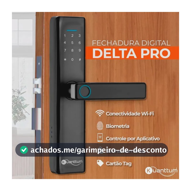 Fechadura Digital Eletrônica Inteligente Kuanttum Delta Pro Wi-Fi Biométrica de Embutir com Maçaneta para Porta de Madeira Senha Cartão Tag RFID Chave App Tuya Abertura Remota Preta
