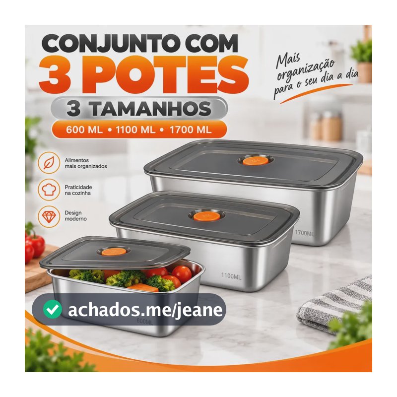 Kit3 Conjunto Hermético Alimentos Inox Com Tampa Prateado