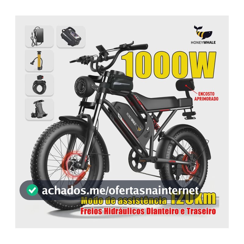 Honeywhale K6S Bicicleta Elétrica Adulto, 1000w-65km-55km/h-150KG-15,6AH, Bike-motor-autonomia-velocidade-carge, Freios Hidráulicos, Honey Whale Ebike Com Bolsa e Suporte para Celular, 20 Aro