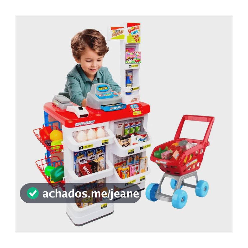 Mercadinho Infantil + Caixa Registradora E Carrinho 48 Peças Vermelho